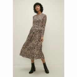 Oasis Animal Mesh Ruched Bodice Pleated Midi Dress For Female