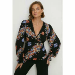 Oasis Lace Trim V Neck Diagonal Floral Tea Blouse For Female -Oasis Sales Store unnamed file 1238