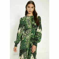 Oasis Paisley Patch Trim Detail Shirred Cuff Midi Dress For Female -Oasis Sales Store unnamed file 1436