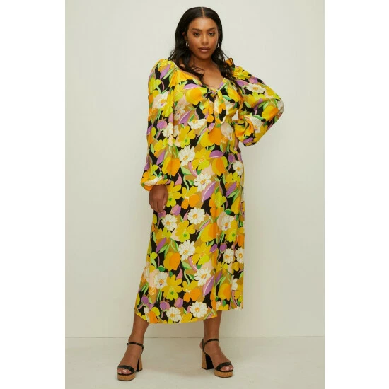 Oasis Plus Size Graphic Floral Tie Front Midi Dress For Female 3 Oasis Plus Size Graphic Floral Tie Front Midi Dress For Female