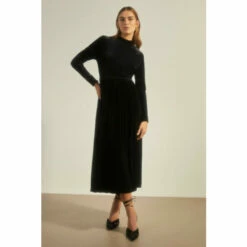 Oasis Velvet Funnel Neck Pleated Skirt Midi Dress For Female -Oasis Sales Store unnamed file 1967