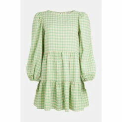 Oasis Mint Check Puff Sleeve Tiered Smock Dress For Female -Oasis Sales Store unnamed file 2709