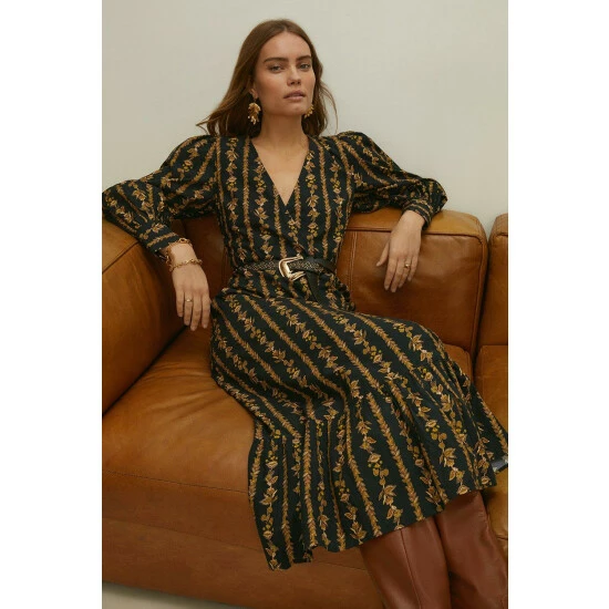 Oasis Stripe Floral Wrap Midi Dress For Female 4 Oasis Stripe Floral Wrap Midi Dress For Female - Image 2