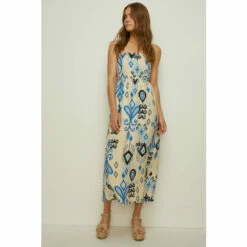 Oasis Linen Mix Ikat Printed Strappy Midi Dress For Female
