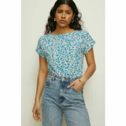 Oasis Spot Print Cotton Slub Roll Sleeve T-Shirt For Female