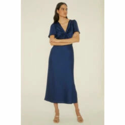 Oasis Satin Twist Front Angel Sleeve Midi Dress For Female