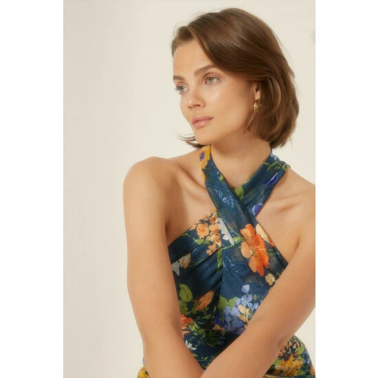 Oasis Floral Cross Neck Halter Midi Dress For Female 3 Oasis Floral Cross Neck Halter Midi Dress For Female