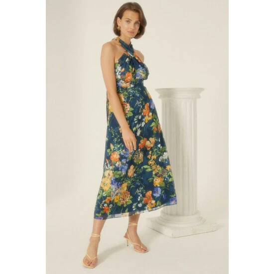 Oasis Floral Cross Neck Halter Midi Dress For Female 4 Oasis Floral Cross Neck Halter Midi Dress For Female - Image 2