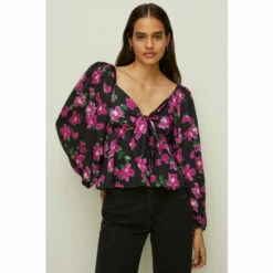 Oasis Dobby Satin Floral Tie Front Top For Female -Oasis Sales Store unnamed file 3203