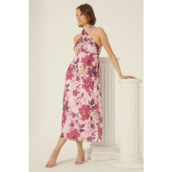 Oasis Floral Cross Neck Halter Satin Midi Dress For Female 4 Oasis Floral Cross Neck Halter Satin Midi Dress For Female - Image 2