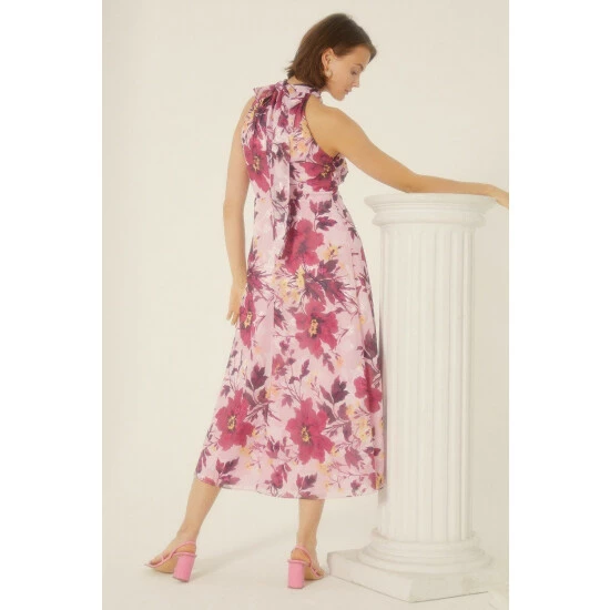 Oasis Floral Cross Neck Halter Satin Midi Dress For Female 5 Oasis Floral Cross Neck Halter Satin Midi Dress For Female - Image 3