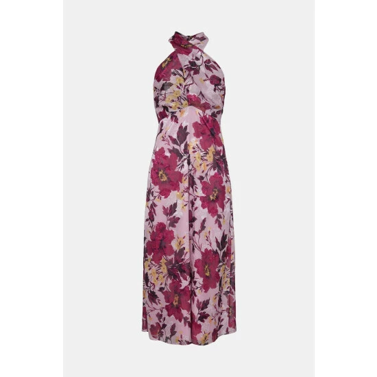 Oasis Floral Cross Neck Halter Satin Midi Dress For Female 6 Oasis Floral Cross Neck Halter Satin Midi Dress For Female - Image 4