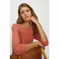 Oasis 3/4 Sleeve Rib Bardot Knit Jumper For Female