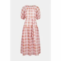 Oasis Check Puff Sleeve Belted Midi Dress For Female -Oasis Sales Store unnamed file 3525