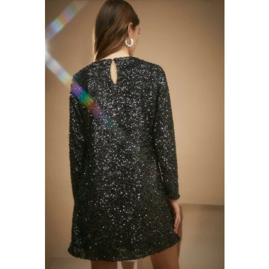 Oasis Black Textured Sequin Long Sleeve Mini Dress For Female 5 Oasis Black Textured Sequin Long Sleeve Mini Dress For Female - Image 3