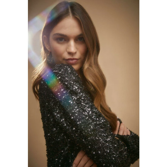 Oasis Black Textured Sequin Long Sleeve Mini Dress For Female 7 Oasis Black Textured Sequin Long Sleeve Mini Dress For Female - Image 5