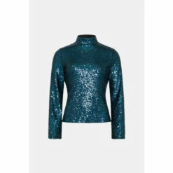 Oasis Sequin Funnel Neck Flared Sleeve Top For Female -Oasis Sales Store unnamed file 3607