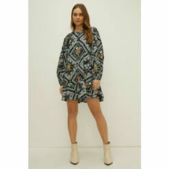 Oasis Tie Floral Print Puff Sleeve Smock Dress For Female -Oasis Sales Store unnamed file 3762