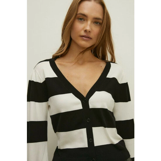 Oasis Stripe Balloon Sleeve V Neck Cardigan For Female 4 Oasis Stripe Balloon Sleeve V Neck Cardigan For Female - Image 2