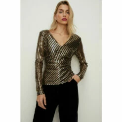 Oasis Stripe Sequin V Neck Top For Female