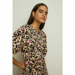 Oasis Animal Crinkle Puff Sleeve Midi Dress For Female
