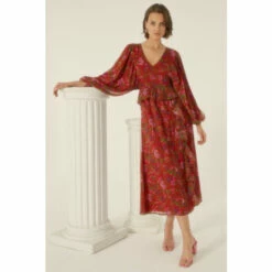 Oasis Botanical Red Floral Dobby Chiffon Midi Dress For Female -Oasis Sales Store unnamed file 3945