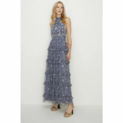 Oasis Sketchy Floral Sequin Halter Mesh Maxi Dress For Female