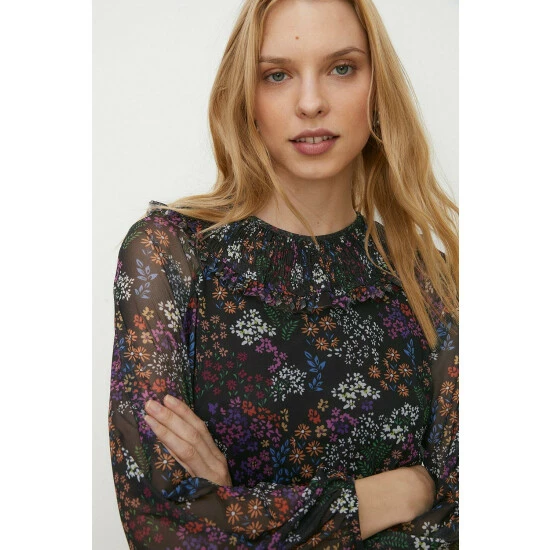 Oasis Floral Shirred Neck Mesh Skater Mini Dress For Female 4 Oasis Floral Shirred Neck Mesh Skater Mini Dress For Female - Image 2