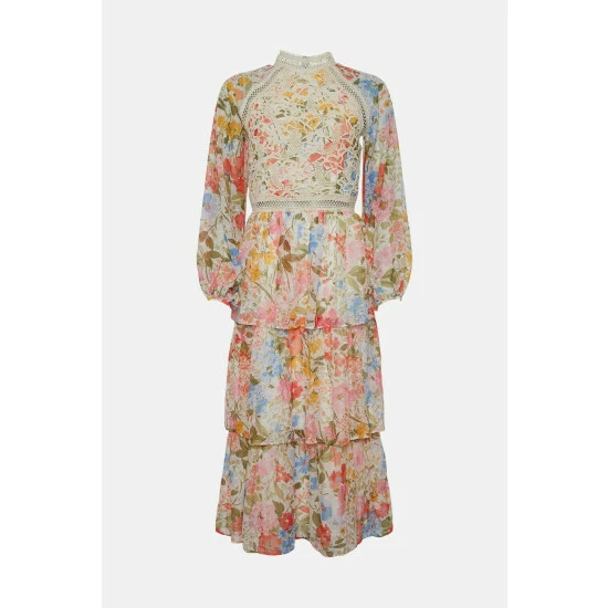 Oasis Petite Lace Floral Tiered Midi Dress For Female 6 Oasis Petite Lace Floral Tiered Midi Dress For Female - Image 4
