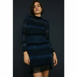 Oasis Sparkle Zig Zag Fringe Hem Knitted Mini Dress For Female