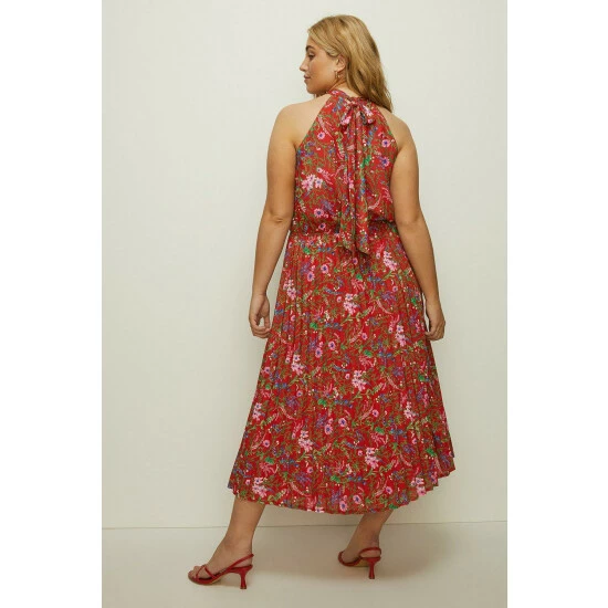 Oasis Plus Size Botanical Floral Halter Pleated Dress For Female 5 Oasis Plus Size Botanical Floral Halter Pleated Dress For Female - Image 3