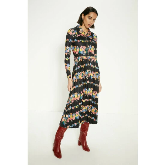 Oasis Floral Zip Front Pleated Slinky Jersey Dress For Female 4 Oasis Floral Zip Front Pleated Slinky Jersey Dress For Female - Image 2