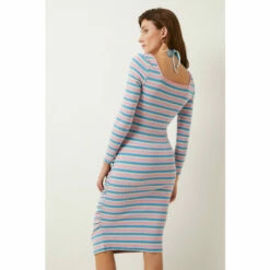 Oasis Petite Stripe Rib Tie Neck Ruched Midi Dress For Female -Oasis Sales Store unnamed file 4312