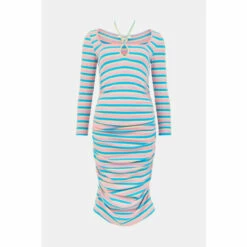 Oasis Petite Stripe Rib Tie Neck Ruched Midi Dress For Female -Oasis Sales Store unnamed file 4313