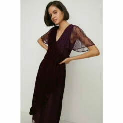 Oasis Petite Lace Mix Velvet Wrap Midi Dress For Female