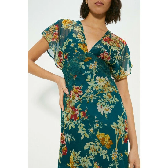 Oasis Petite Delicate Lace V Neck Floral Chiffon Midi Dress For Female 4 Oasis Petite Delicate Lace V Neck Floral Chiffon Midi Dress For Female - Image 2