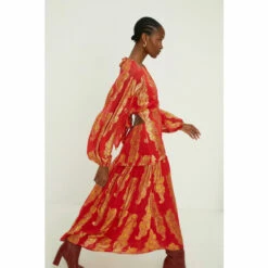 Oasis Metallic Jacquard Volume Sleeve Midi Dress For Female -Oasis Sales Store unnamed file 4481