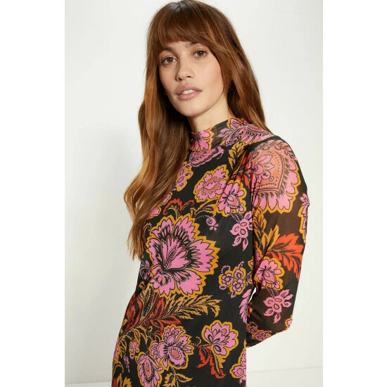Oasis Paisley Funnel Neck Mesh Midi Dress For Female 7 Oasis Paisley Funnel Neck Mesh Midi Dress For Female - Image 5