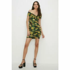 Oasis Floral Bardot Ruched Mesh Mini Dress For Female