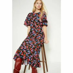 Oasis Petite Floral Printed Frill Detail Belted Midi Dress For Female