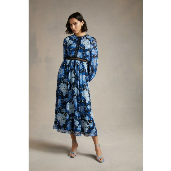 Oasis Cluster Floral Lace Balloon Sleeve Dobby Midi Dress For Female 4 Oasis Cluster Floral Lace Balloon Sleeve Dobby Midi Dress For Female - Image 2