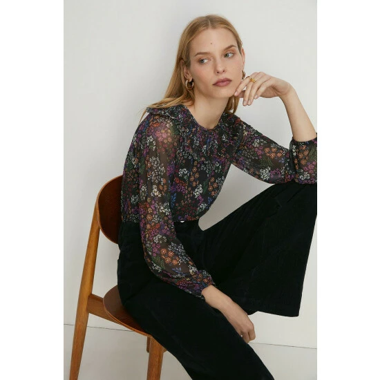 Oasis Floral Shirred Neck Mesh Top For Female 3 Oasis Floral Shirred Neck Mesh Top For Female