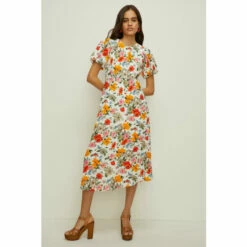Oasis Petite Watercolour Puff Sleeve Midi Dress For Female