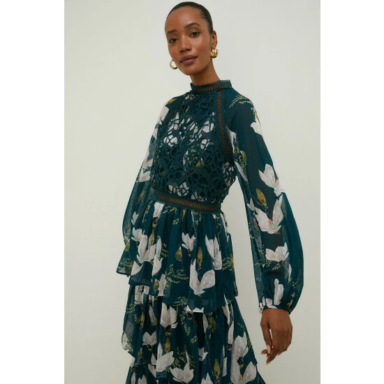 Oasis Magnolia Floral Lace Tiered Dobby Midi Dress For Female 7 Oasis Magnolia Floral Lace Tiered Dobby Midi Dress For Female - Image 5