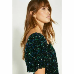Oasis Petite Sequin Velvet Bardot Mini Dress For Female