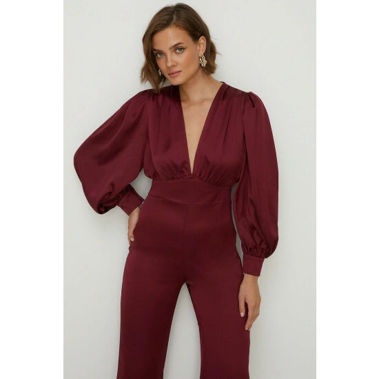 Oasis Petite Satin Plunge Balloon Sleeve Jumpsuit For Female 4 Oasis Petite Satin Plunge Balloon Sleeve Jumpsuit For Female - Image 2