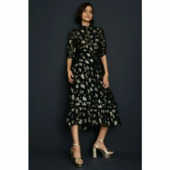 Oasis Metallic Floral Jacquard Lace Trim Midi Dress For Female